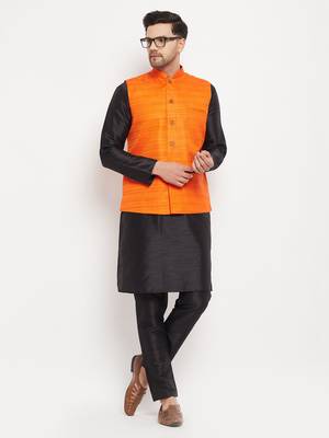Orange And Black Silk Blend Jacket, Kurta And Pyjama Set 1