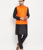 Orange And Black Silk Blend Jacket, Kurta And Pyjama Set