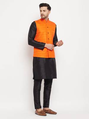 Orange And Black Silk Blend Jacket, Kurta And Pyjama Set 2