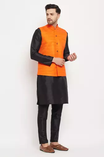 Orange And Black Silk Blend Jacket, Kurta And Pyjama Set
