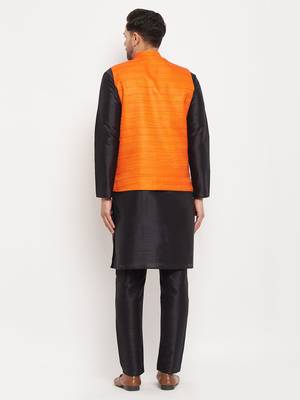 Orange And Black Silk Blend Jacket, Kurta And Pyjama Set 3