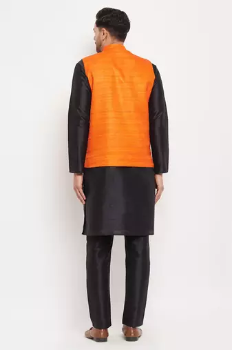 Orange And Black Silk Blend Jacket, Kurta And Pyjama Set
