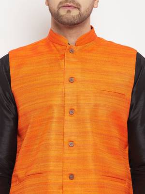 Orange And Black Silk Blend Jacket, Kurta And Pyjama Set 4