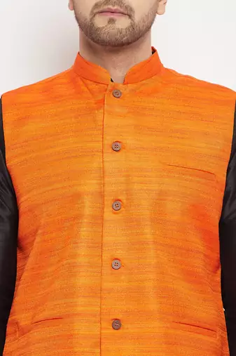Orange And Black Silk Blend Jacket, Kurta And Pyjama Set
