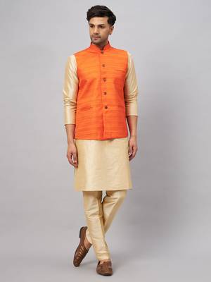 Gold And Orange Silk Blend Jacket, Kurta And Pyjama Set 1