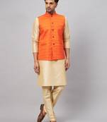 Gold And Orange Silk Blend Jacket, Kurta And Pyjama Set
