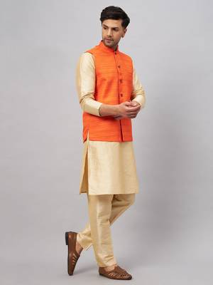 Gold And Orange Silk Blend Jacket, Kurta And Pyjama Set 2