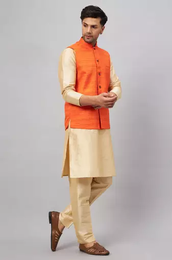 Gold And Orange Silk Blend Jacket, Kurta And Pyjama Set