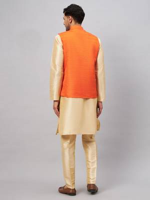 Gold And Orange Silk Blend Jacket, Kurta And Pyjama Set 3