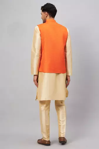 Gold And Orange Silk Blend Jacket, Kurta And Pyjama Set