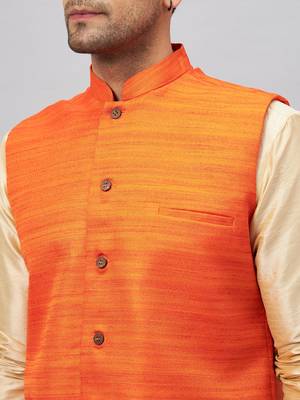 Gold And Orange Silk Blend Jacket, Kurta And Pyjama Set 4