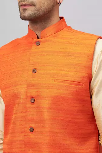 Gold And Orange Silk Blend Jacket, Kurta And Pyjama Set