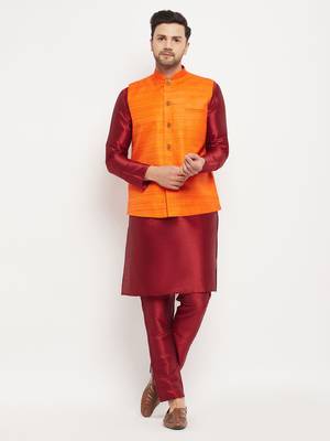 Orange And Maroon Silk Blend Jacket, Kurta And Pyjama Set 1