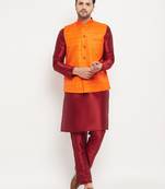 Orange And Maroon Silk Blend Jacket, Kurta And Pyjama Set