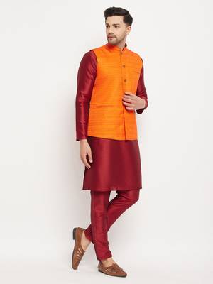 Orange And Maroon Silk Blend Jacket, Kurta And Pyjama Set 2