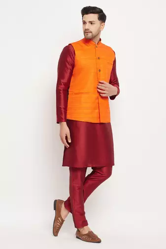 Orange And Maroon Silk Blend Jacket, Kurta And Pyjama Set