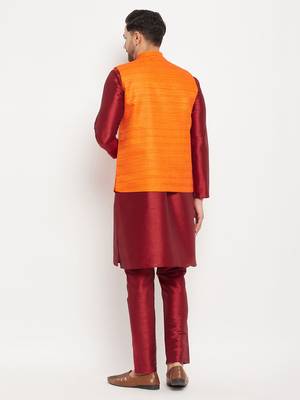 Orange And Maroon Silk Blend Jacket, Kurta And Pyjama Set 3