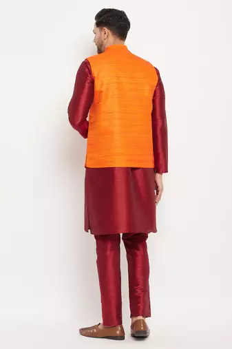 Orange And Maroon Silk Blend Jacket, Kurta And Pyjama Set