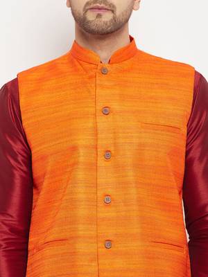 Orange And Maroon Silk Blend Jacket, Kurta And Pyjama Set 4