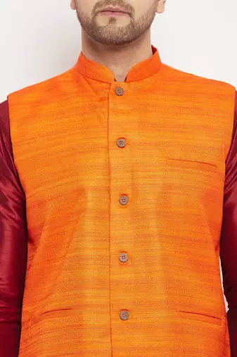 Orange And Maroon Silk Blend Jacket, Kurta And Pyjama Set