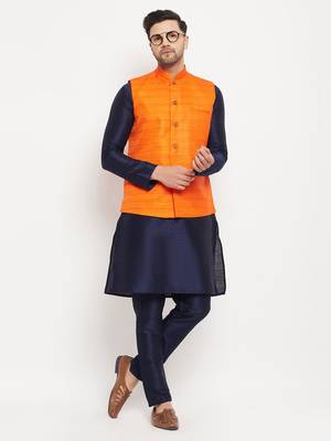 Orange And Navy Blue Silk Blend Jacket, Kurta And Pyjama Set 1
