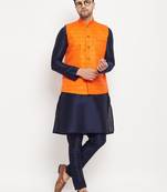 Orange And Navy Blue Silk Blend Jacket, Kurta And Pyjama Set