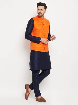 Orange And Navy Blue Silk Blend Jacket, Kurta And Pyjama Set 2