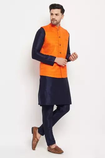 Orange And Navy Blue Silk Blend Jacket, Kurta And Pyjama Set