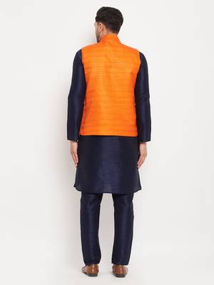 Orange And Navy Blue Silk Blend Jacket, Kurta And Pyjama Set 3