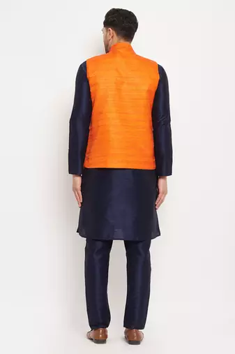 Orange And Navy Blue Silk Blend Jacket, Kurta And Pyjama Set