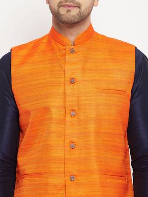 Orange And Navy Blue Silk Blend Jacket, Kurta And Pyjama Set 4
