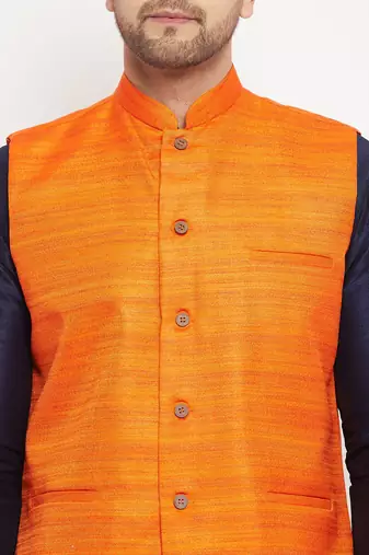 Orange And Navy Blue Silk Blend Jacket, Kurta And Pyjama Set