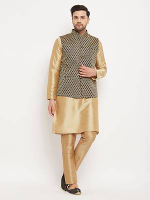 Black And Rose Gold Silk Blend Jacket, Kurta And Pyjama Set 1