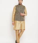 Black And Rose Gold Silk Blend Jacket, Kurta And Pyjama Set
