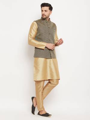 Black And Rose Gold Silk Blend Jacket, Kurta And Pyjama Set 2