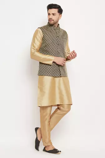 Black And Rose Gold Silk Blend Jacket, Kurta And Pyjama Set