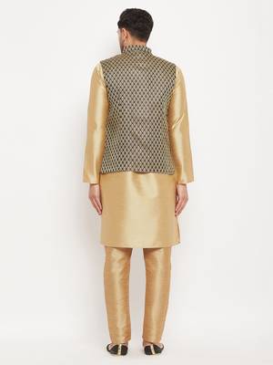 Black And Rose Gold Silk Blend Jacket, Kurta And Pyjama Set 3
