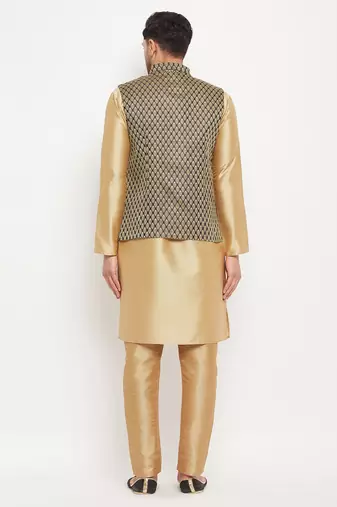 Black And Rose Gold Silk Blend Jacket, Kurta And Pyjama Set