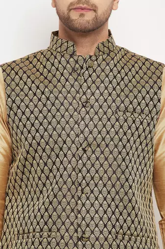Black And Rose Gold Silk Blend Jacket, Kurta And Pyjama Set