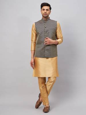 Rose Gold And Blue Silk Blend Jacket, Kurta And Pyjama Set 1