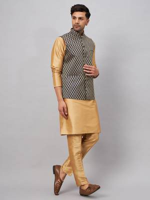 Rose Gold And Blue Silk Blend Jacket, Kurta And Pyjama Set 2