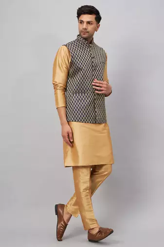 Rose Gold And Blue Silk Blend Jacket, Kurta And Pyjama Set
