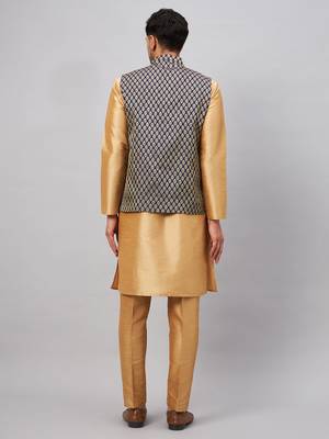 Rose Gold And Blue Silk Blend Jacket, Kurta And Pyjama Set 3