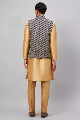 Rose Gold And Blue Silk Blend Jacket, Kurta And Pyjama Set