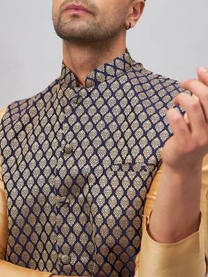 Rose Gold And Blue Silk Blend Jacket, Kurta And Pyjama Set 4
