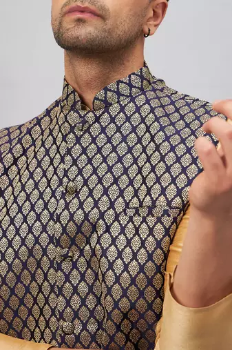 Rose Gold And Blue Silk Blend Jacket, Kurta And Pyjama Set