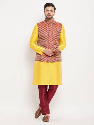 Yellow And Maroon Silk Blend Jacket, Kurta And Pyjama Set 1
