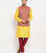 Yellow And Maroon Silk Blend Jacket, Kurta And Pyjama Set