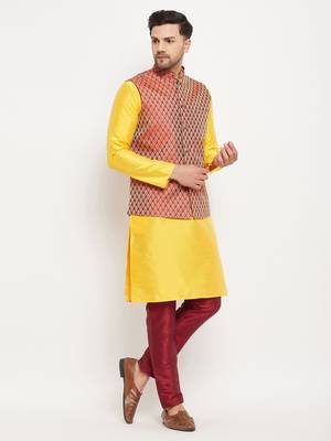 Yellow And Maroon Silk Blend Jacket, Kurta And Pyjama Set 2