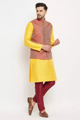 Yellow And Maroon Silk Blend Jacket, Kurta And Pyjama Set